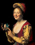 Gerard van Honthorst Smiling Girl, a Courtesan, Holding an Obscene oil painting reproduction